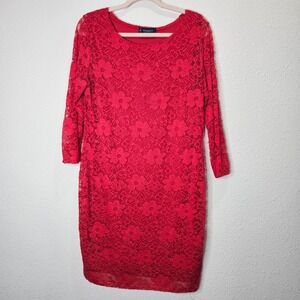 Seranoma Red Lace‎ Dress Size XL Floral Made in USA Elegant Party Holiday Midi